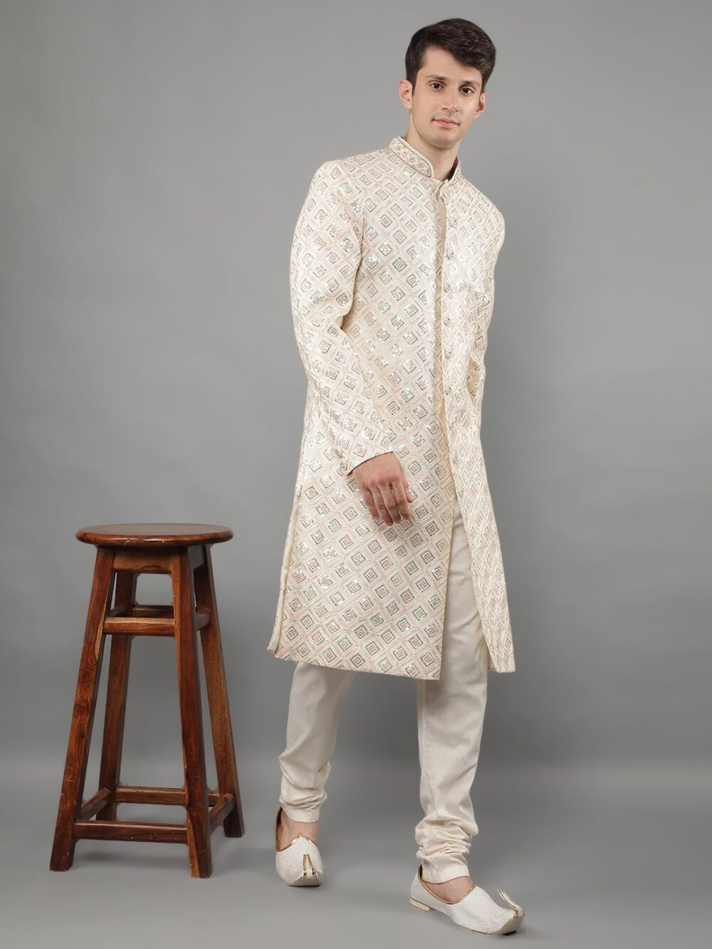Manish Creations Men's Embroidered Silk Blend Traditional Ethnic Sherwani Set - Image 2