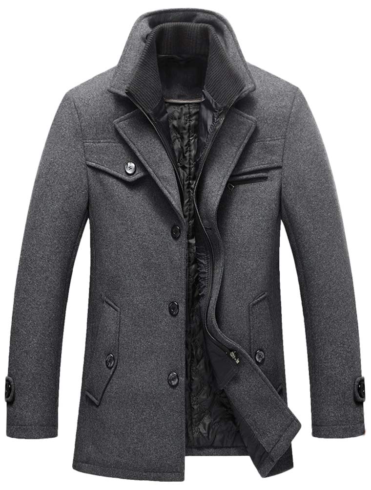 LaovanIn Men's Wool Pea Coats Winter Fleece Jackets Single Breasted Light Gray Large