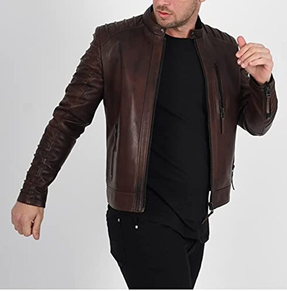 Luis Leather Men's Biker Jacket Brown X-Large - Image 5