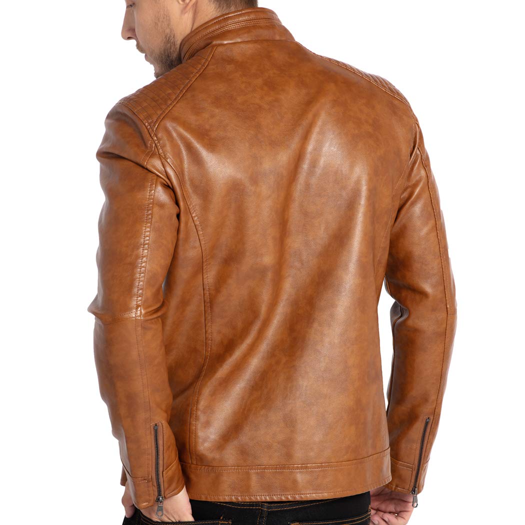 WULFUL Men's Stand Collar Leather Jacket Motorcycle Lightweight Faux Leather Outwear, Brown1301, Large - Image 6