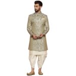 KISAH Men's Ethnic Wear Silk Blend Woven Design Regular Fit Olive-White Kurta Indo-Western Sherwani Set Indo-Western|40