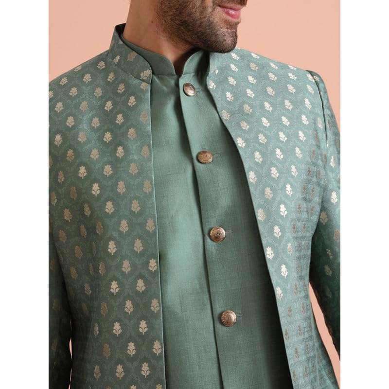 KISAH Mens Jacket Sherwani Trouser Set|Silk Blend Fabric Jacquard Pattern Indo-Western Mens Ethnic Wear|Regular Fit Mandarin Collar Long Sleeves, Green, 40 - Image 4