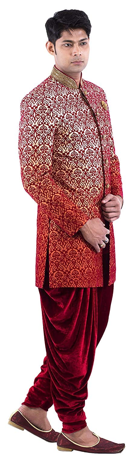 RAJ DESIGN STUDIO Men's Laser Cut Design Indowestern/Sherwani With Maroon velvet Harem - Image 7