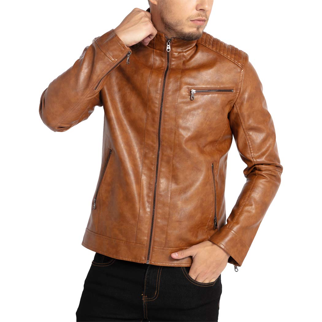 WULFUL Men's Stand Collar Leather Jacket Motorcycle Lightweight Faux Leather Outwear, Brown1301, Large - Image 4