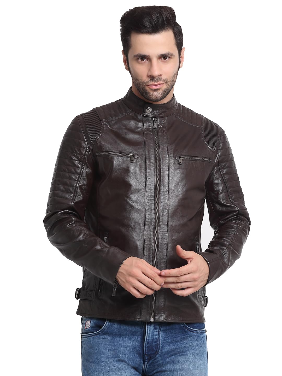 TEAKWOOD LEATHERS Men’s Casual Stylish Leather Jacket for Men, High Neck | Long Sleeve | Zipper Closure (L, Choco Brown)