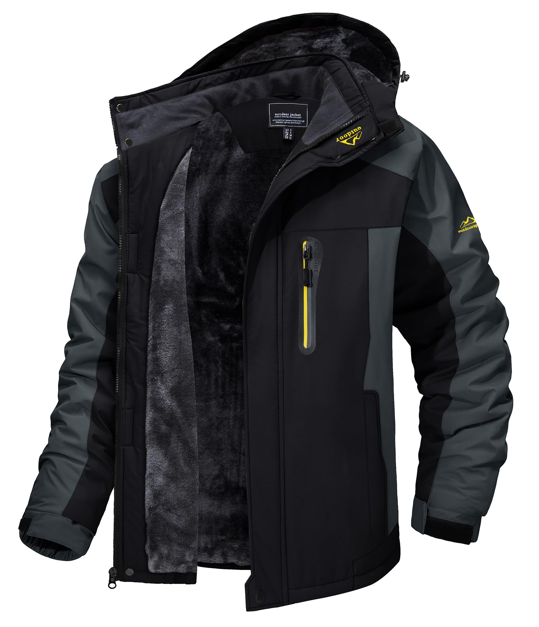 TACVASEN Men's Winter Ski Jacket Waterproof Snow Coats Snowboard Fleece Lining Jacket Warm Parka with Hooded, Black Gray, X-Large
