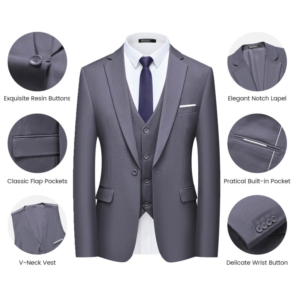 WULFUL Men’s Slim Fit Suit One Button 3-Piece Blazer Dress Business Wedding Party Jacket Vest & Pant, Dark Grey, Medium - Image 6