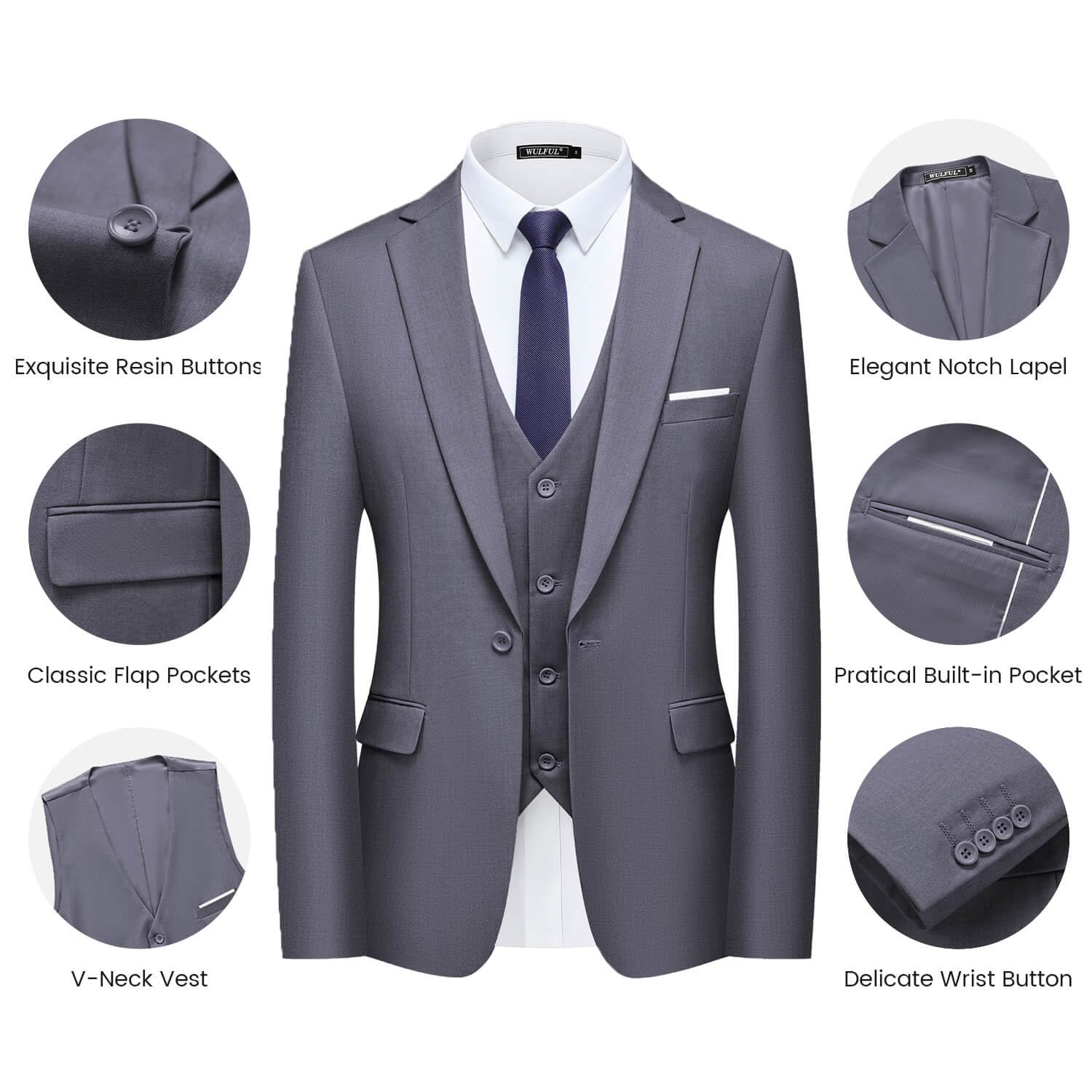 WULFUL Men’s Slim Fit Suit One Button 3-Piece Blazer Dress Business Wedding Party Jacket Vest & Pant, Dark Grey, Medium - Image 6