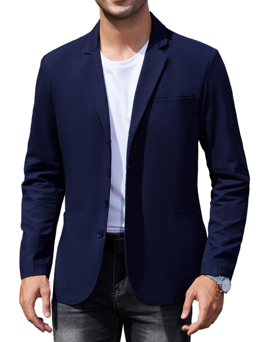 TURETRENDY Men's Casual Coat Lightweight Linen Blazer Regular Fit Sport Jackets Four Buttons Daily Suits, Dark Blue, Large