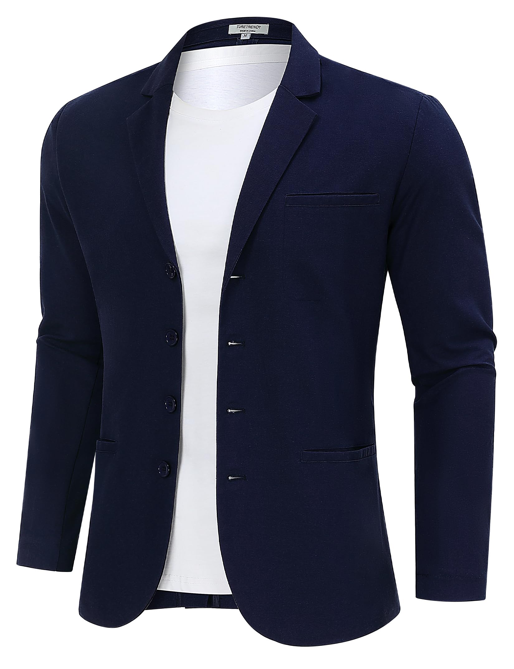 TURETRENDY Men's Casual Coat Lightweight Linen Blazer Regular Fit Sport Jackets Four Buttons Daily Suits, Dark Blue, Large - Image 6