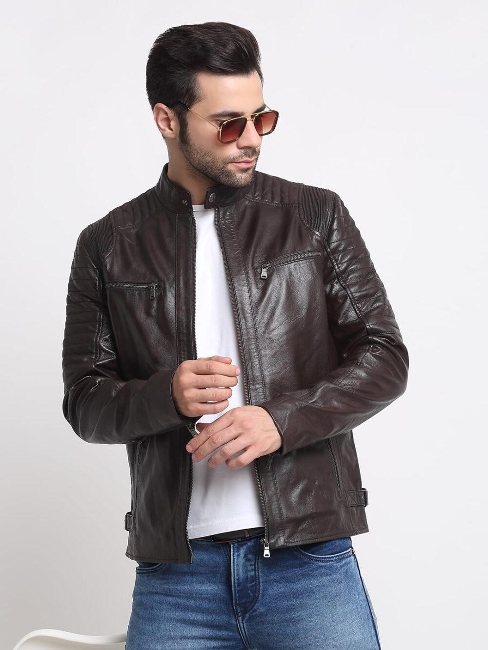 TEAKWOOD LEATHERS Men’s Casual Stylish Leather Jacket for Men, High Neck | Long Sleeve | Zipper Closure (L, Choco Brown) - Image 3