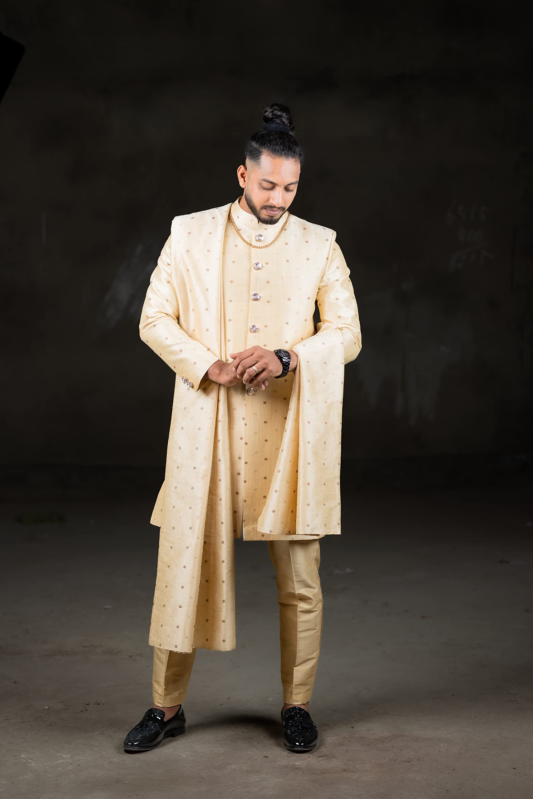 GOLD INDO WESTERN SHERWANI WITH DUPATTA & STRAIGHT CUT PANT (Medium) - Image 4