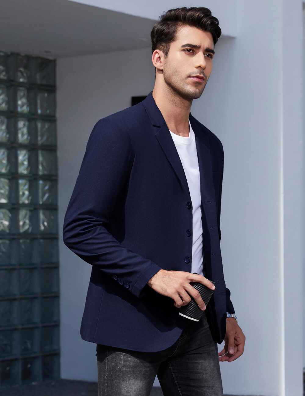 TURETRENDY Men's Casual Coat Lightweight Linen Blazer Regular Fit Sport Jackets Four Buttons Daily Suits, Dark Blue, Large - Image 4