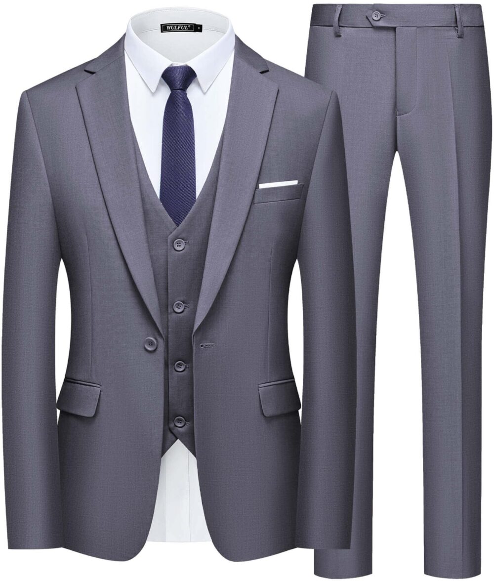 WULFUL Men’s Slim Fit Suit One Button 3-Piece Blazer Dress Business Wedding Party Jacket Vest & Pant, Dark Grey, Medium