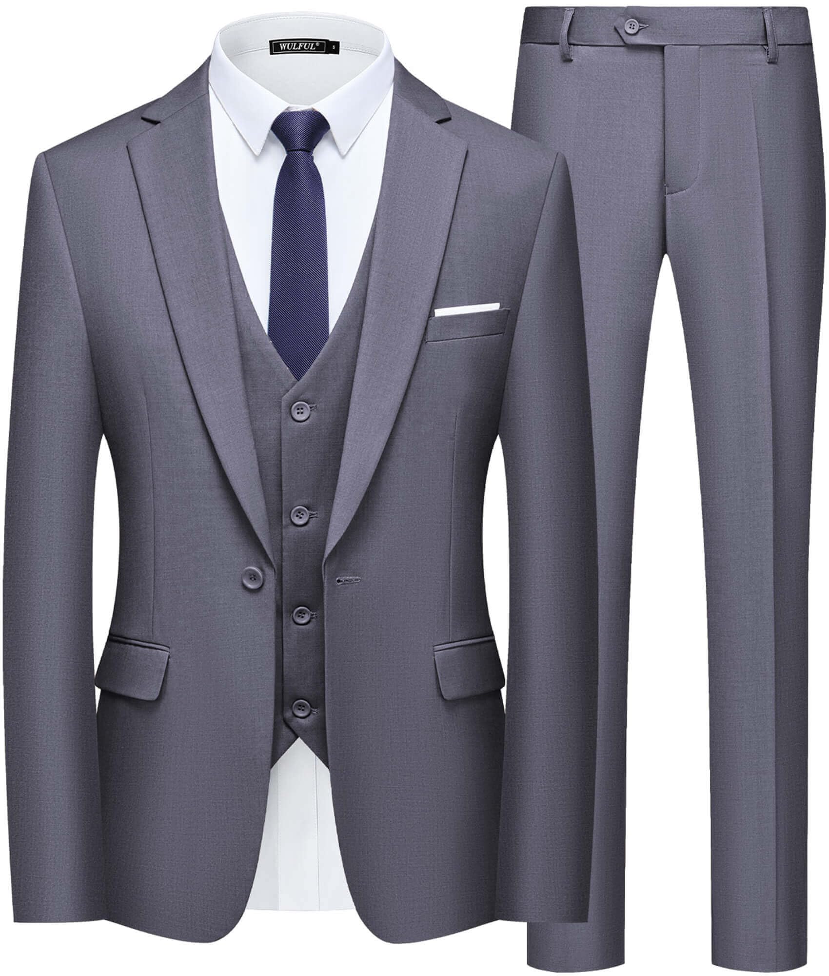 WULFUL Men’s Slim Fit Suit One Button 3-Piece Blazer Dress Business Wedding Party Jacket Vest & Pant, Dark Grey, Medium