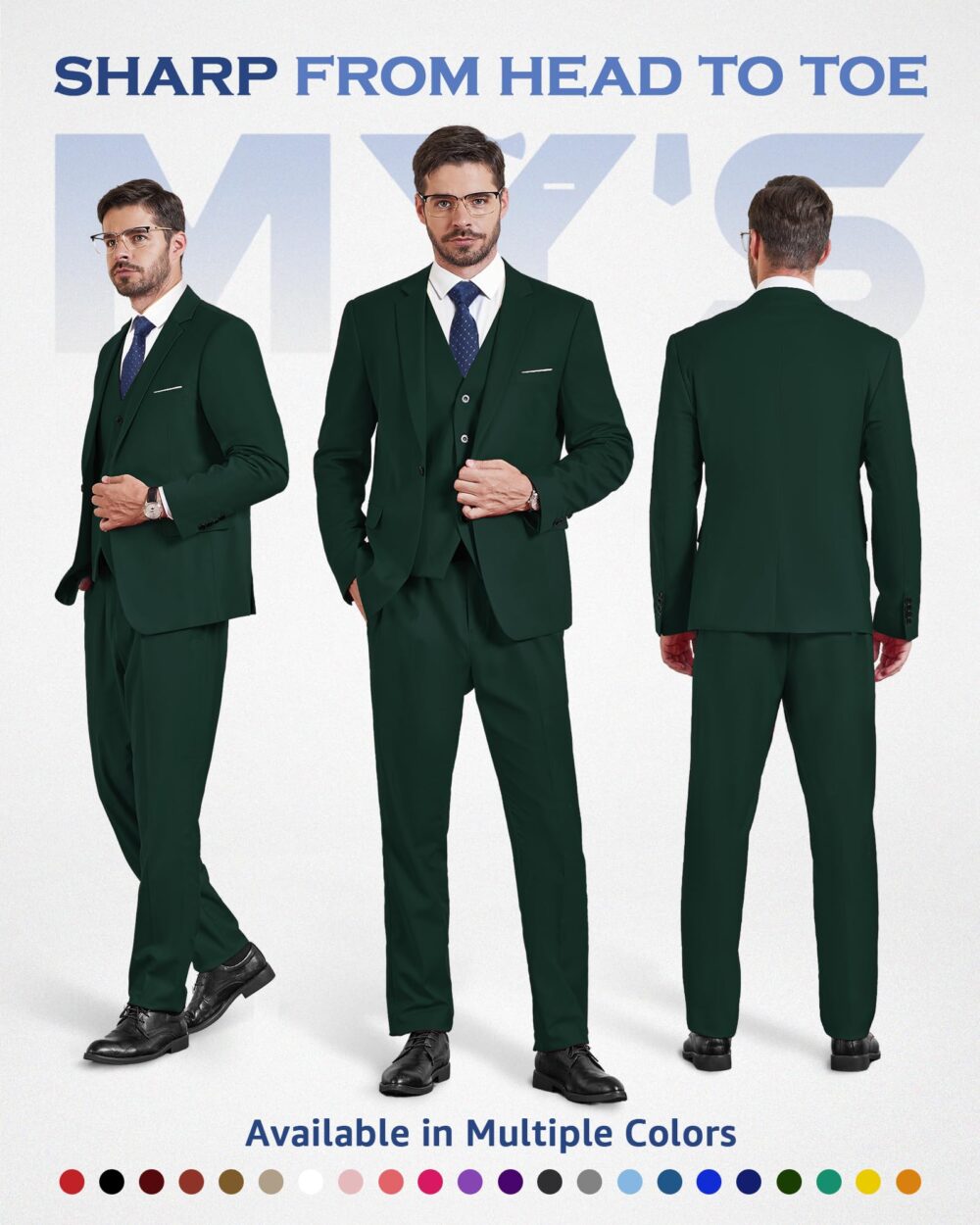 MY'S Men's 3 Piece Slim Fit Suit, One Button Blazer Vest Pants Set, Solid Party Wedding Dress, Jacket Waistcoat and Trousers with Tie Deep Green - Image 7