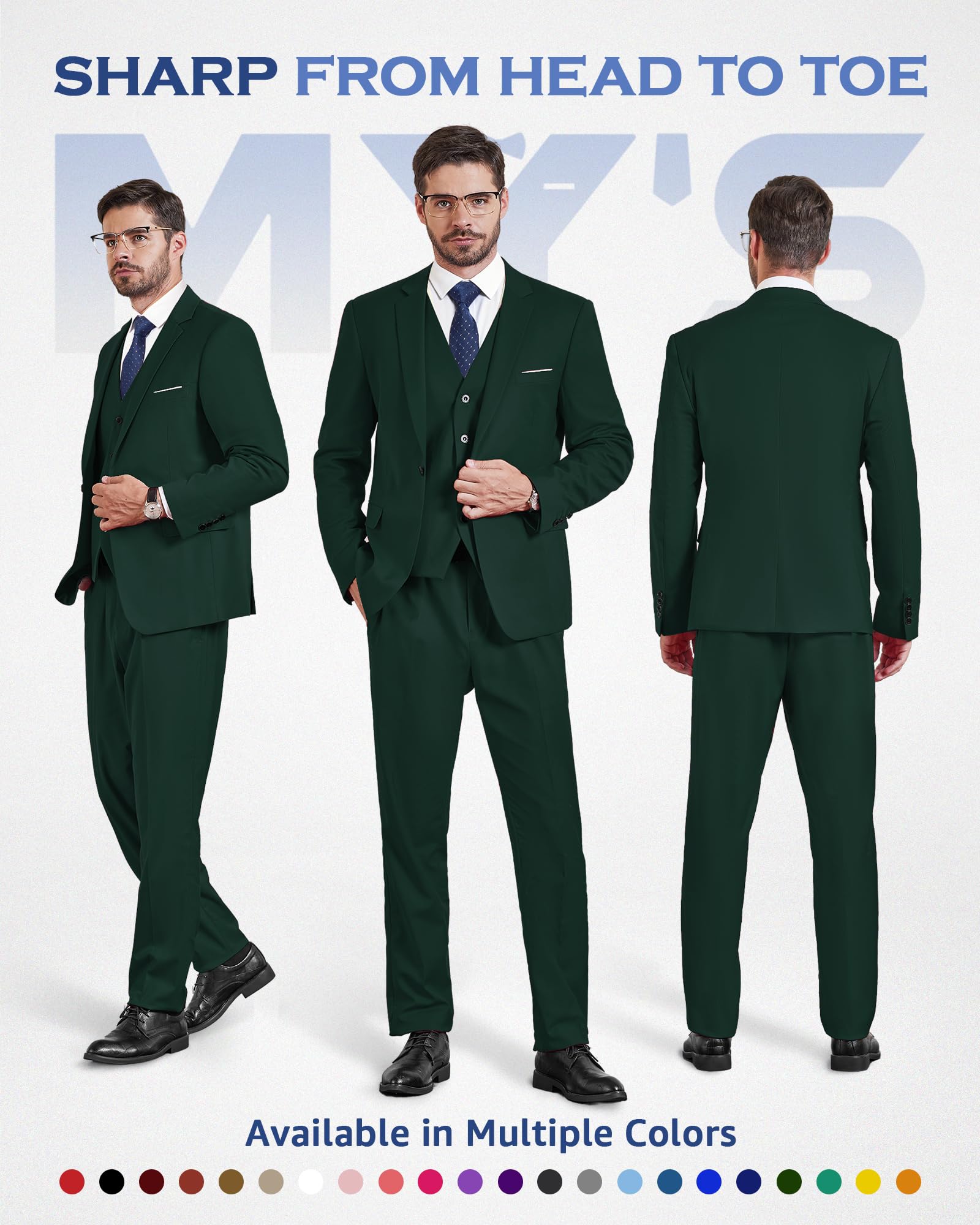 MY'S Men's 3 Piece Slim Fit Suit, One Button Blazer Vest Pants Set, Solid Party Wedding Dress, Jacket Waistcoat and Trousers with Tie Deep Green - Image 7