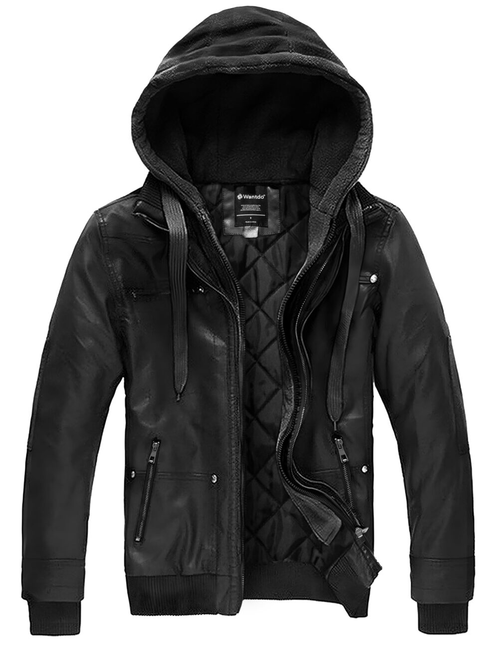 wantdo Men's Faux Leather Jacket with Removable Hood Motorcycle Jacket Casual Warm Winter Coat, Pure Black(thick), Medium