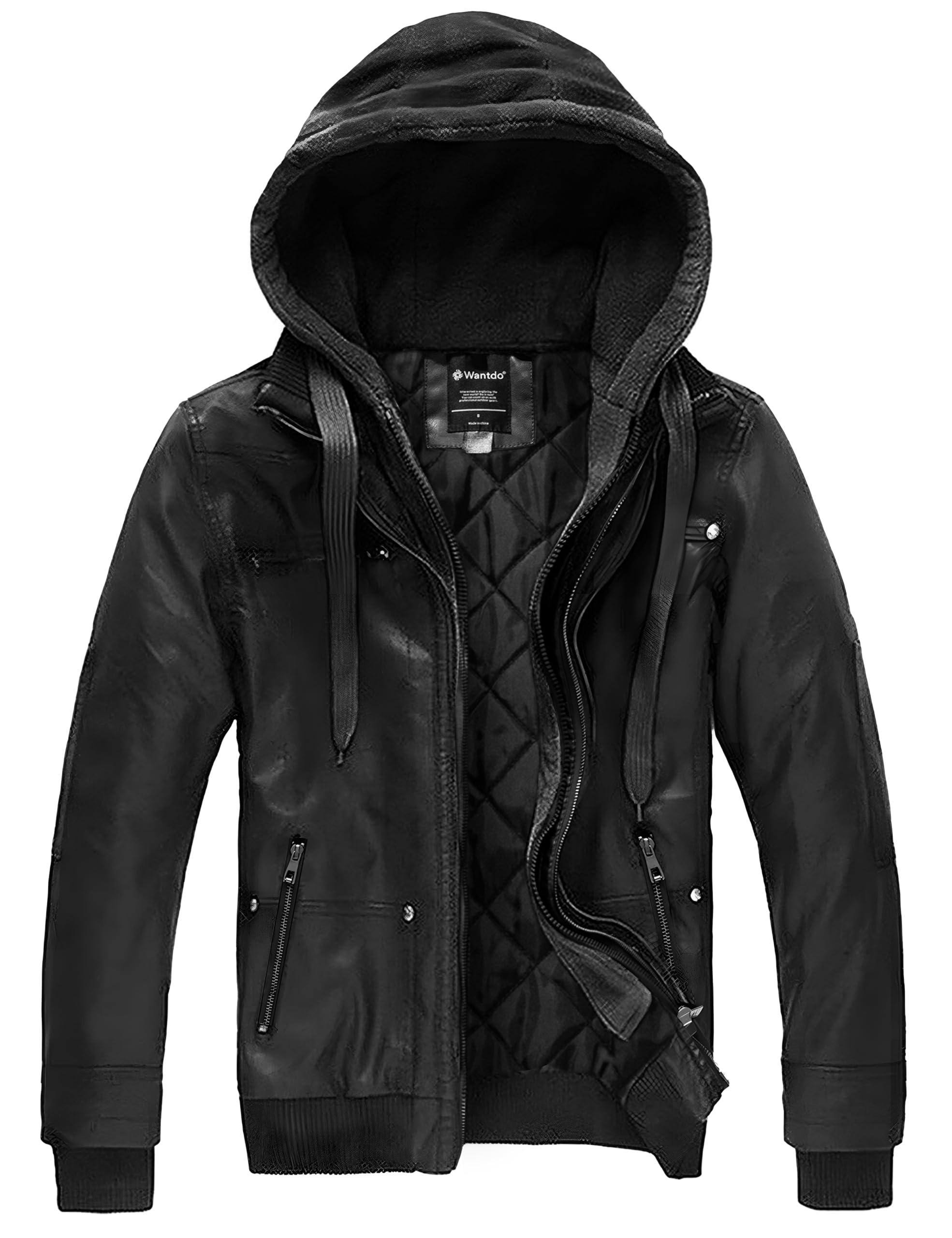 wantdo Men's Faux Leather Jacket with Removable Hood Motorcycle Jacket Casual Warm Winter Coat, Pure Black(thick), Medium