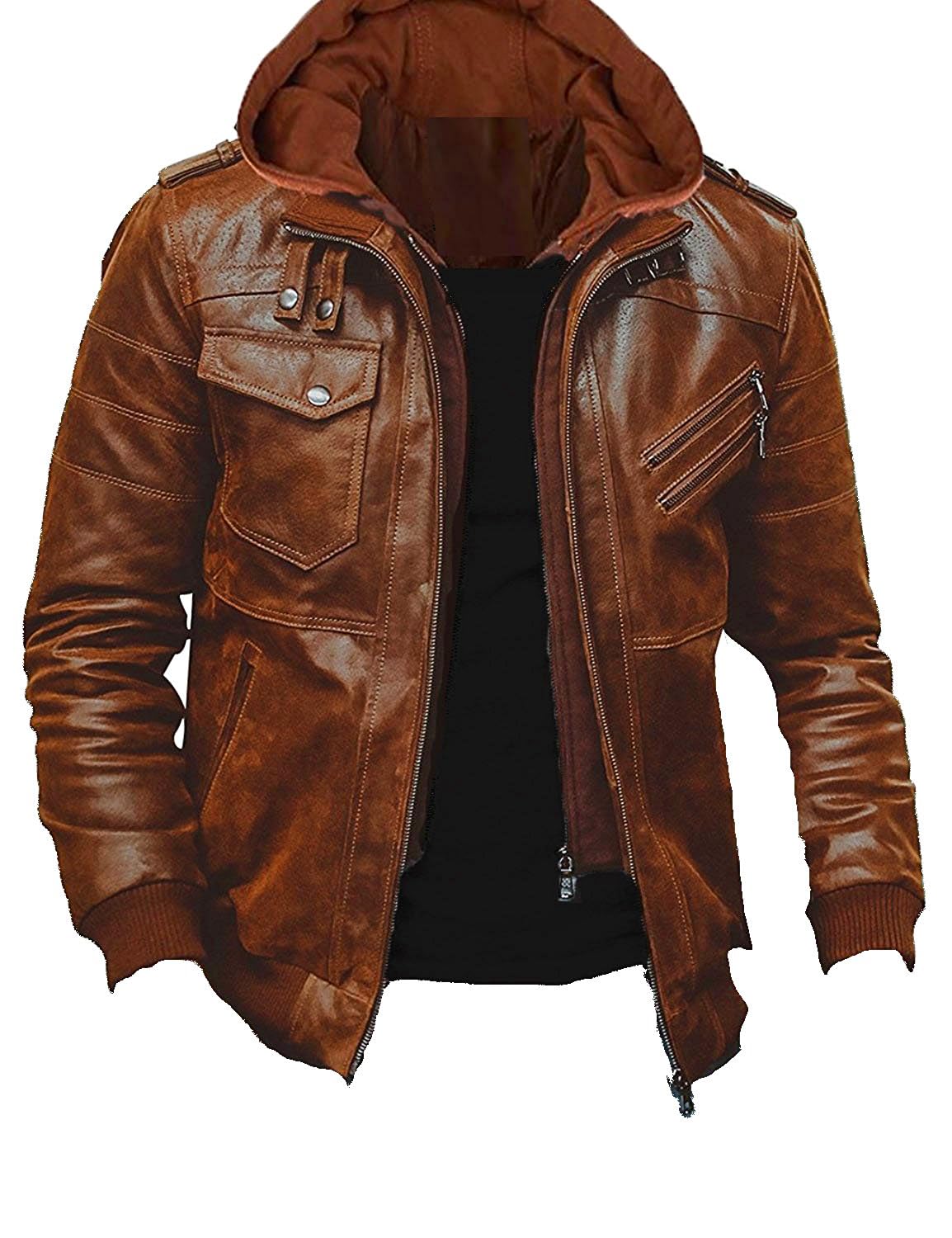 Luis Leather Standard Length Men's Tan Lambskin Leather Zipper Front Hoodie Jacket Leather Jacket Detachable Hood, Brown, Large
