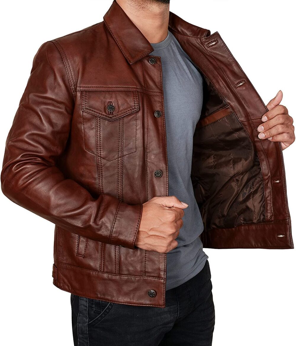 Mens Trucker Leather Jacket - Distressed Classic Brown Western Real Leather Jacket For Men, Tan - Fernando Leather Jacket Men, Medium - Image 5
