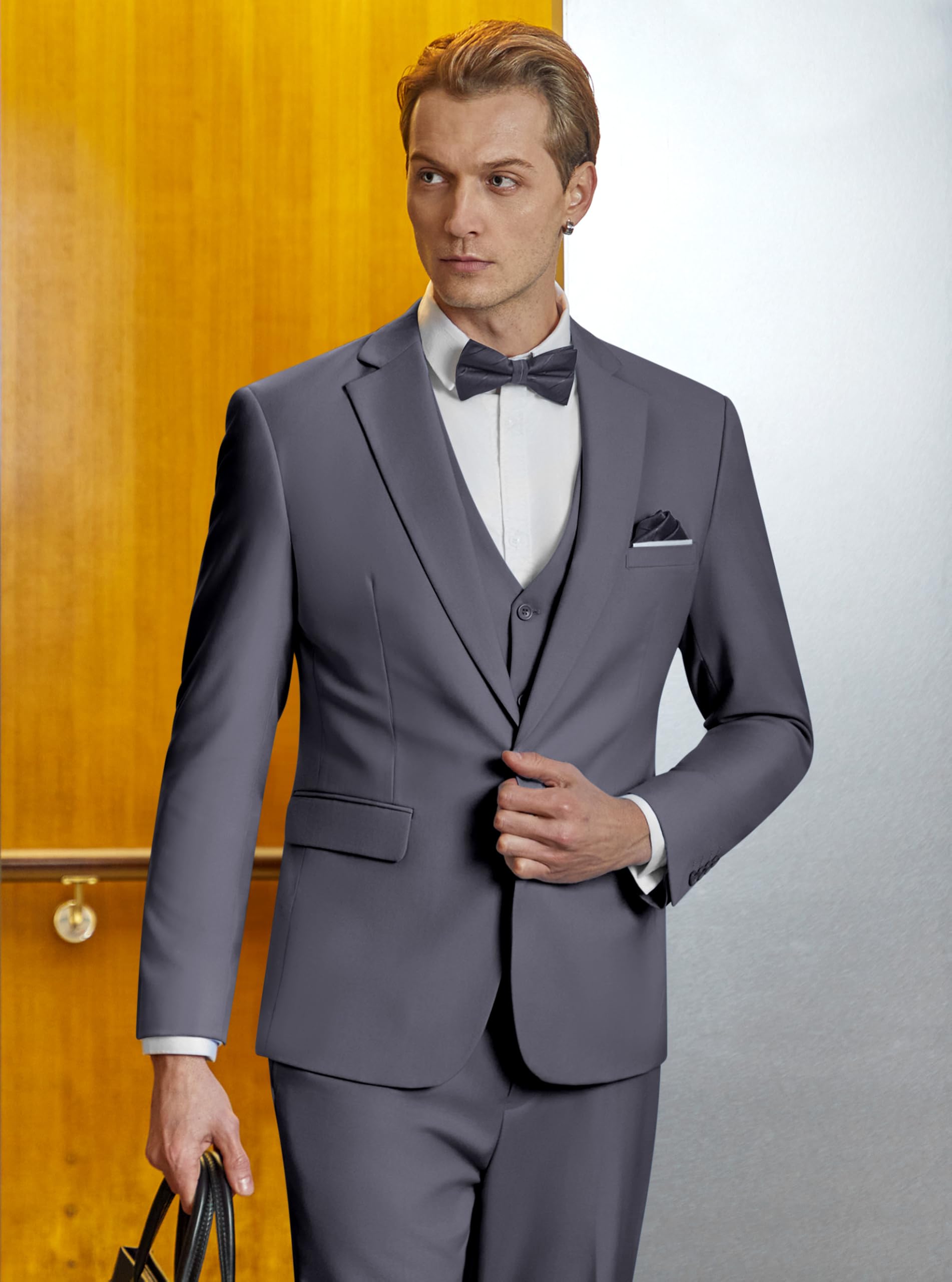 WULFUL Men’s Slim Fit Suit One Button 3-Piece Blazer Dress Business Wedding Party Jacket Vest & Pant, Dark Grey, Medium - Image 9