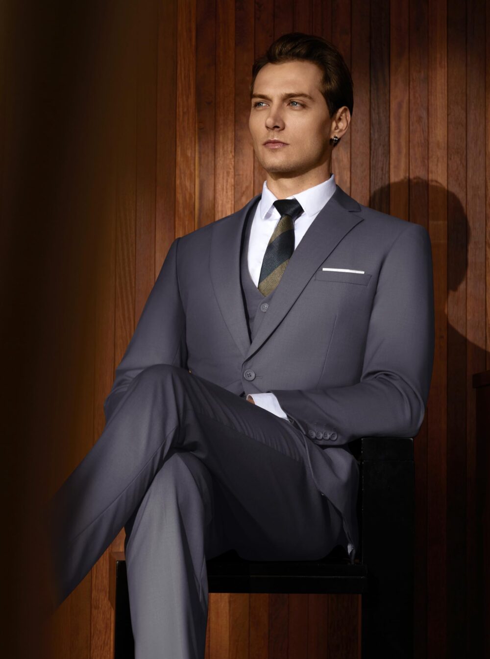 WULFUL Men’s Slim Fit Suit One Button 3-Piece Blazer Dress Business Wedding Party Jacket Vest & Pant, Dark Grey, Medium - Image 3