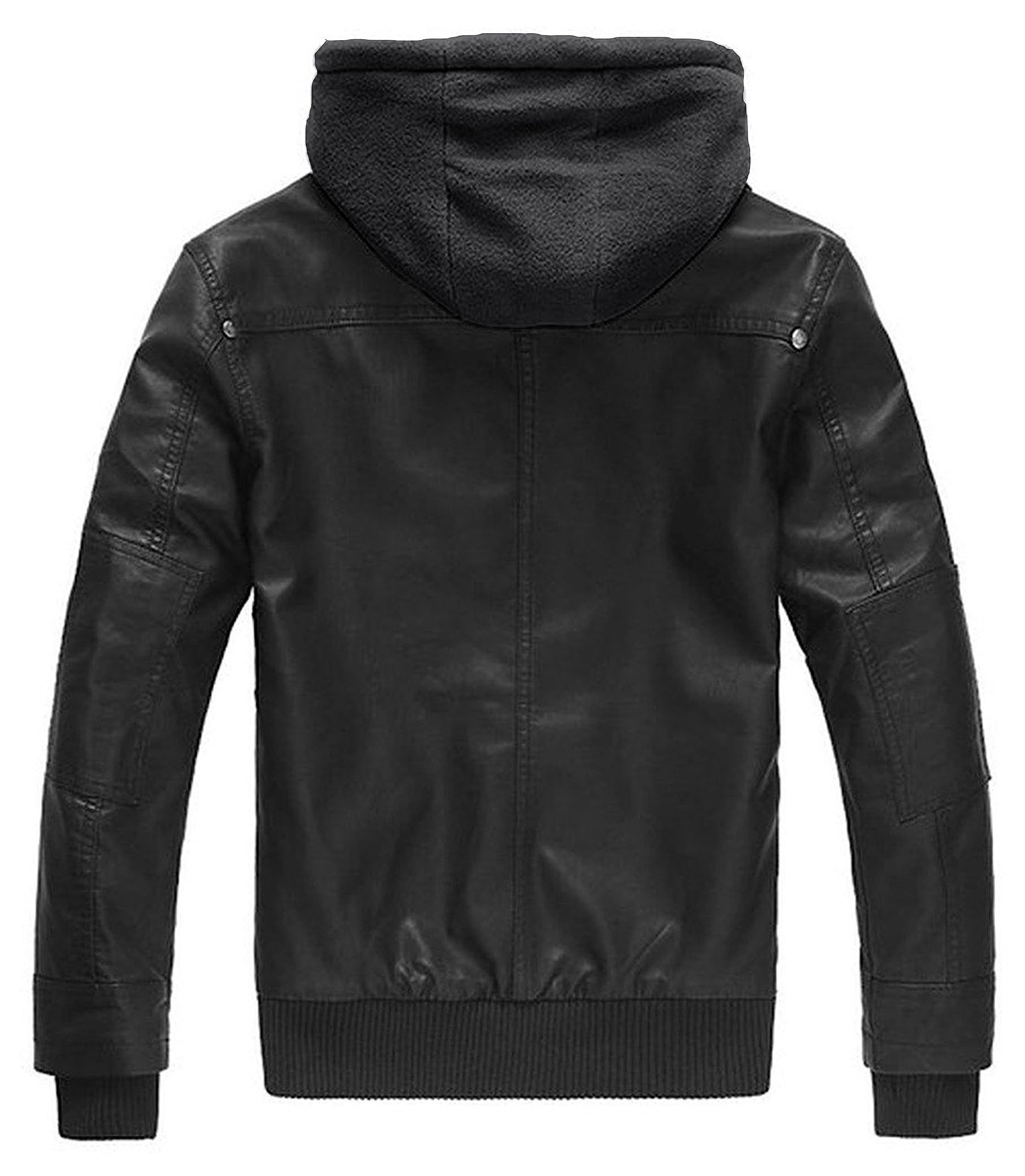 wantdo Men's Faux Leather Jacket with Removable Hood Motorcycle Jacket Casual Warm Winter Coat, Pure Black(thick), Medium - Image 6