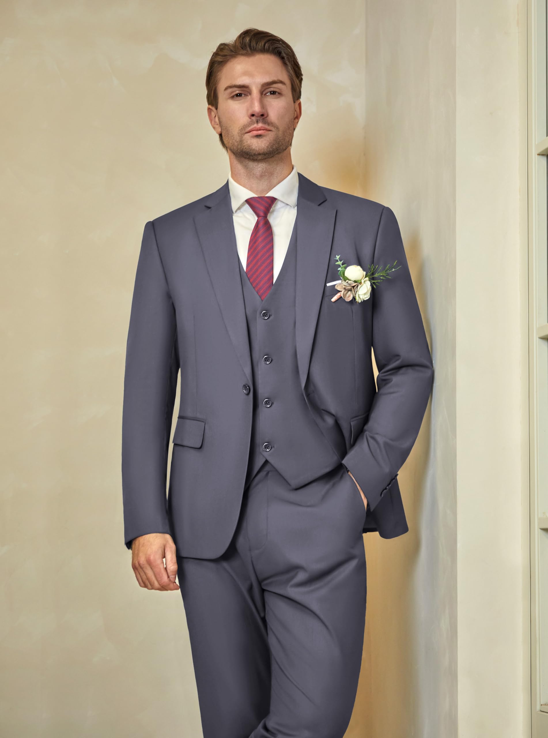 WULFUL Men’s Slim Fit Suit One Button 3-Piece Blazer Dress Business Wedding Party Jacket Vest & Pant, Dark Grey, Medium - Image 8