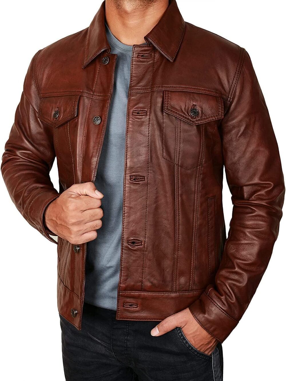 Mens Trucker Leather Jacket - Distressed Classic Brown Western Real Leather Jacket For Men, Tan - Fernando Leather Jacket Men, Medium - Image 6