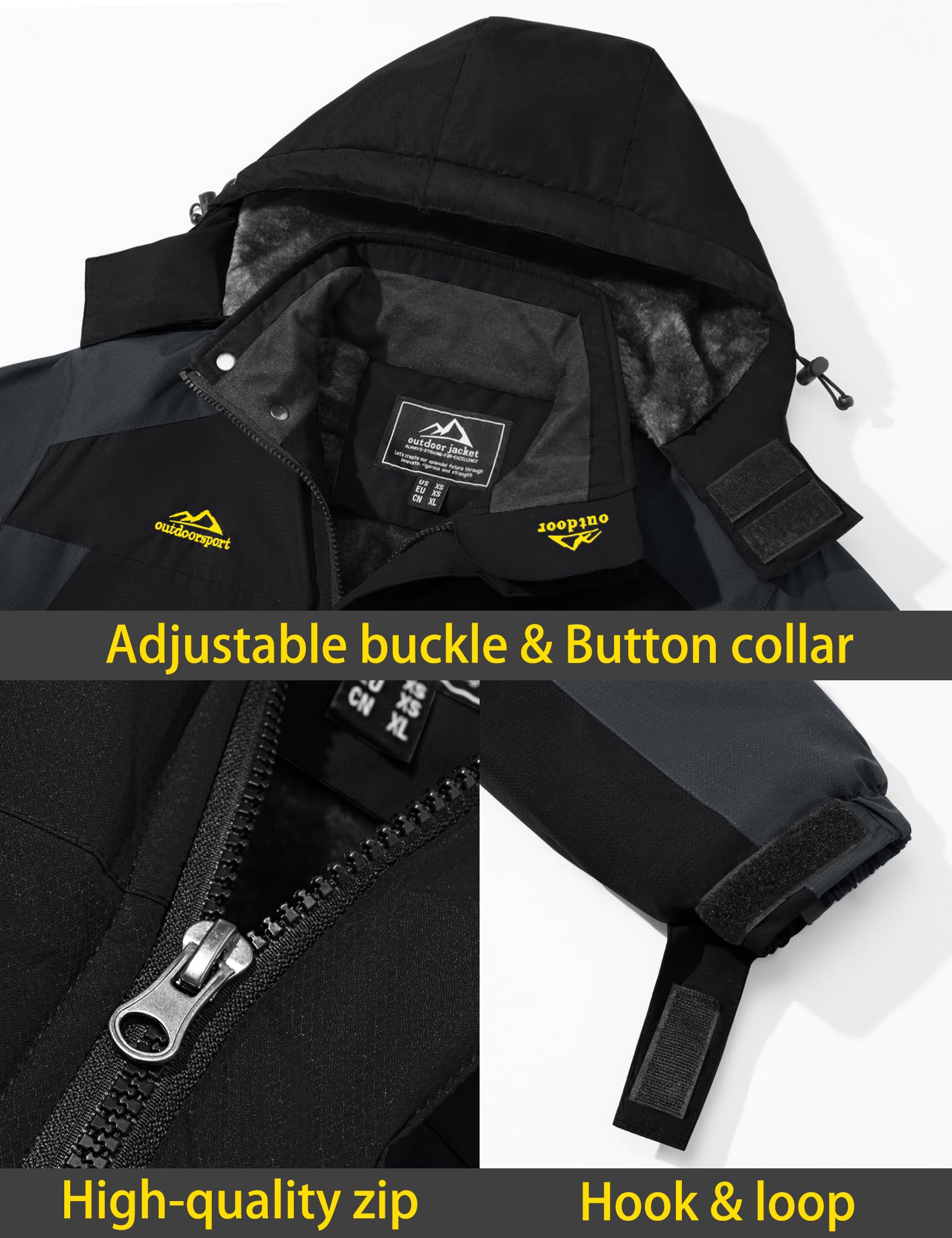 TACVASEN Men's Winter Ski Jacket Waterproof Snow Coats Snowboard Fleece Lining Jacket Warm Parka with Hooded, Black Gray, X-Large - Image 3