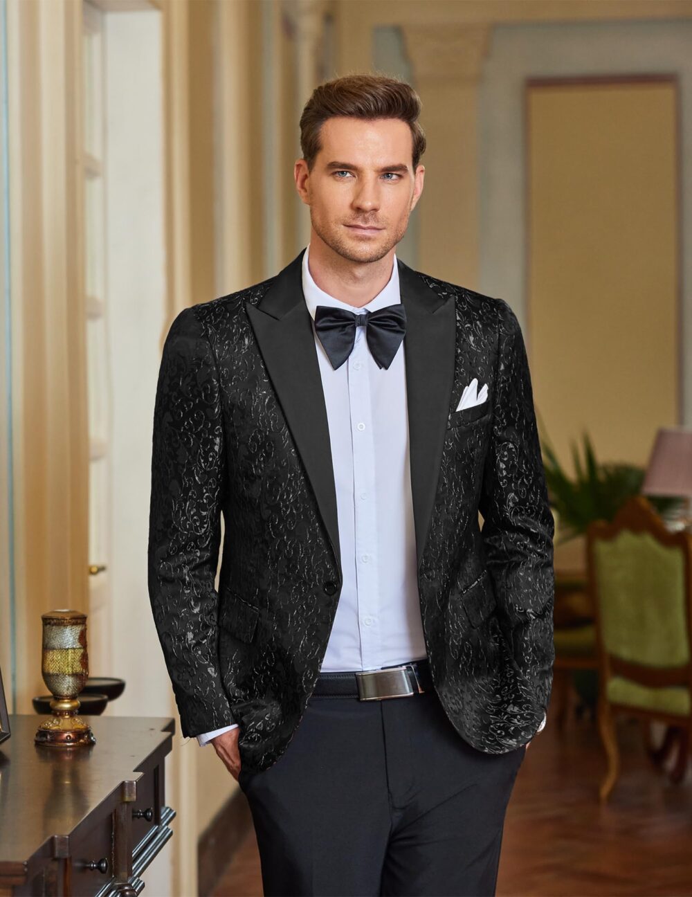 Coofandy Men's Floral Party Dress Suit Stylish Dinner Jacket Wedding Blazer One Button Tuxdeo Black US M - Image 6