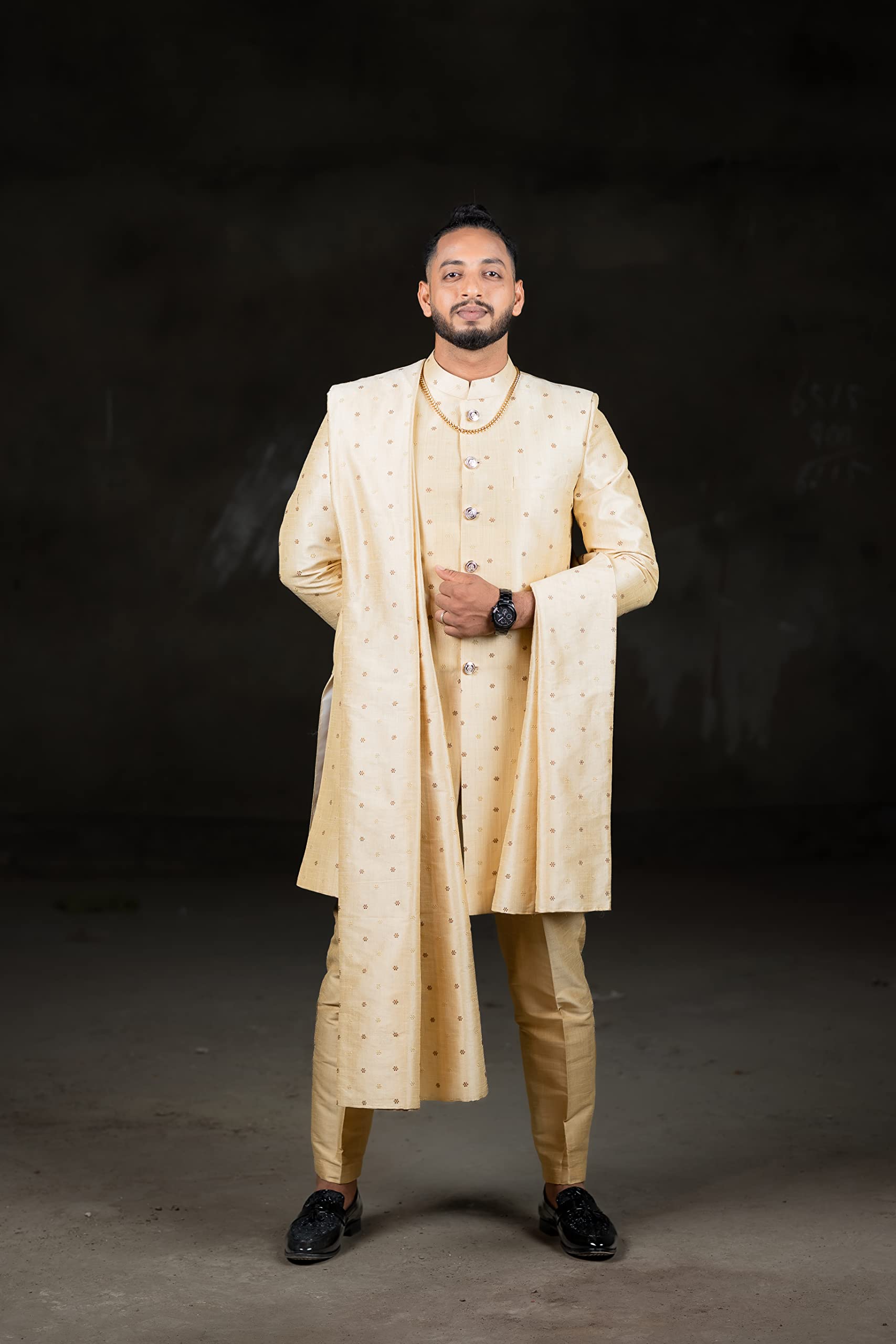 GOLD INDO WESTERN SHERWANI WITH DUPATTA & STRAIGHT CUT PANT (Medium) - Image 3