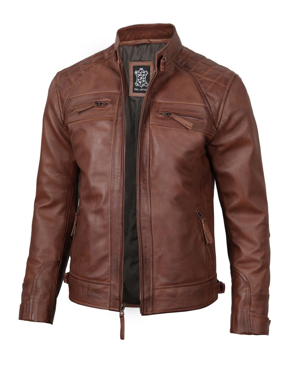 fjackets Brown Leather Jacket Men - Distressed Lambskin Mens Leather Jacket | [1100083],Johnson Brown,M