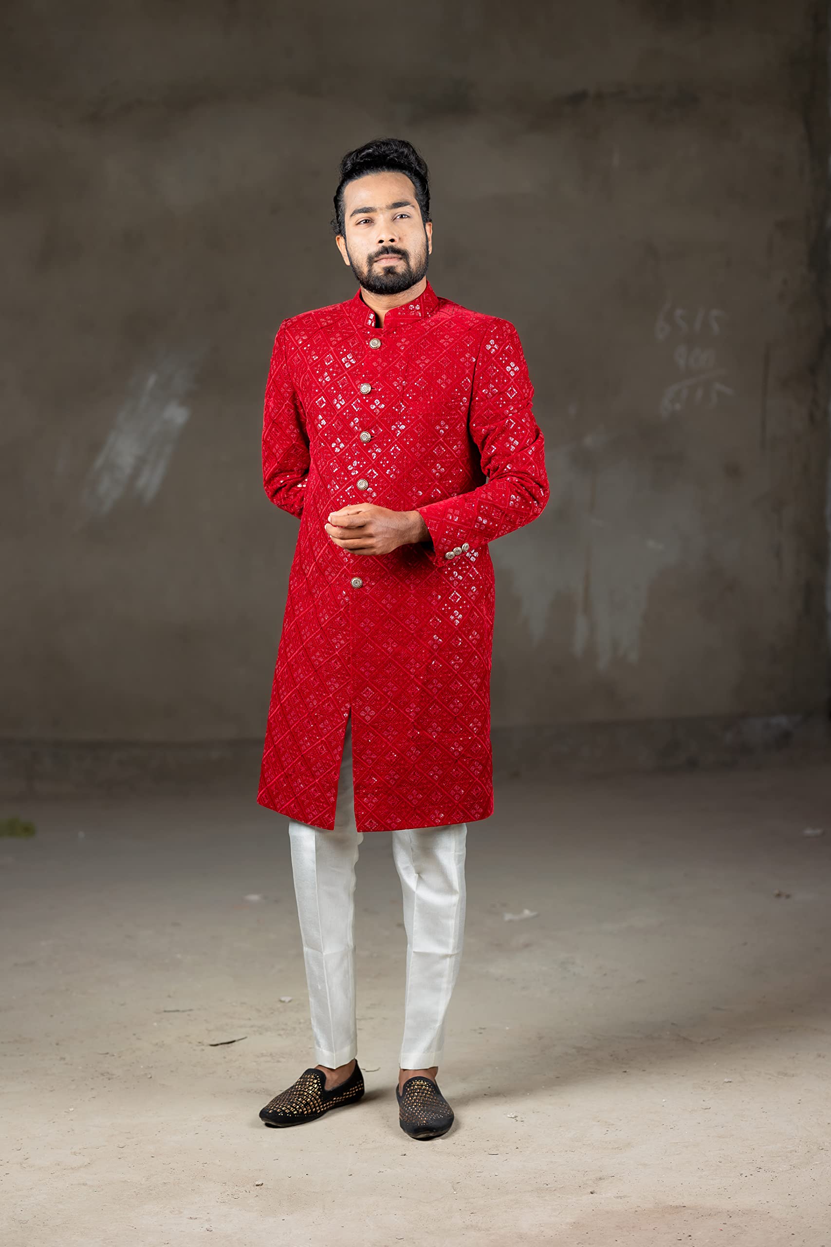 RED INDO WESTERN SHERWANI & WHITE STRAIGHT CUT PANT (Small) - Image 2