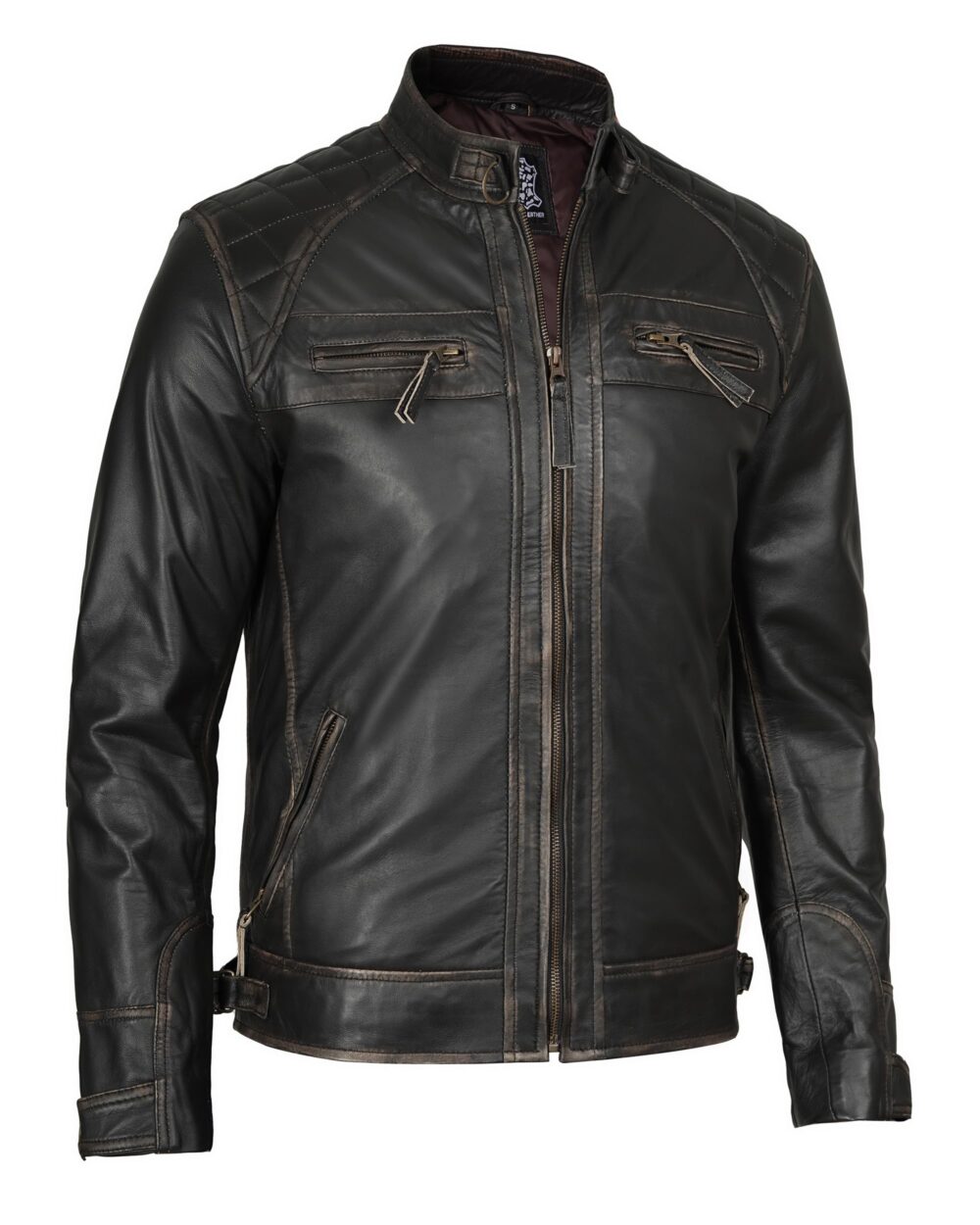 Decrum Leather Jacket Men - Cafe Racer Style Real Lambskin Leather Jackets For Men, Diamond 1 Distressed Brown, Large - Image 5