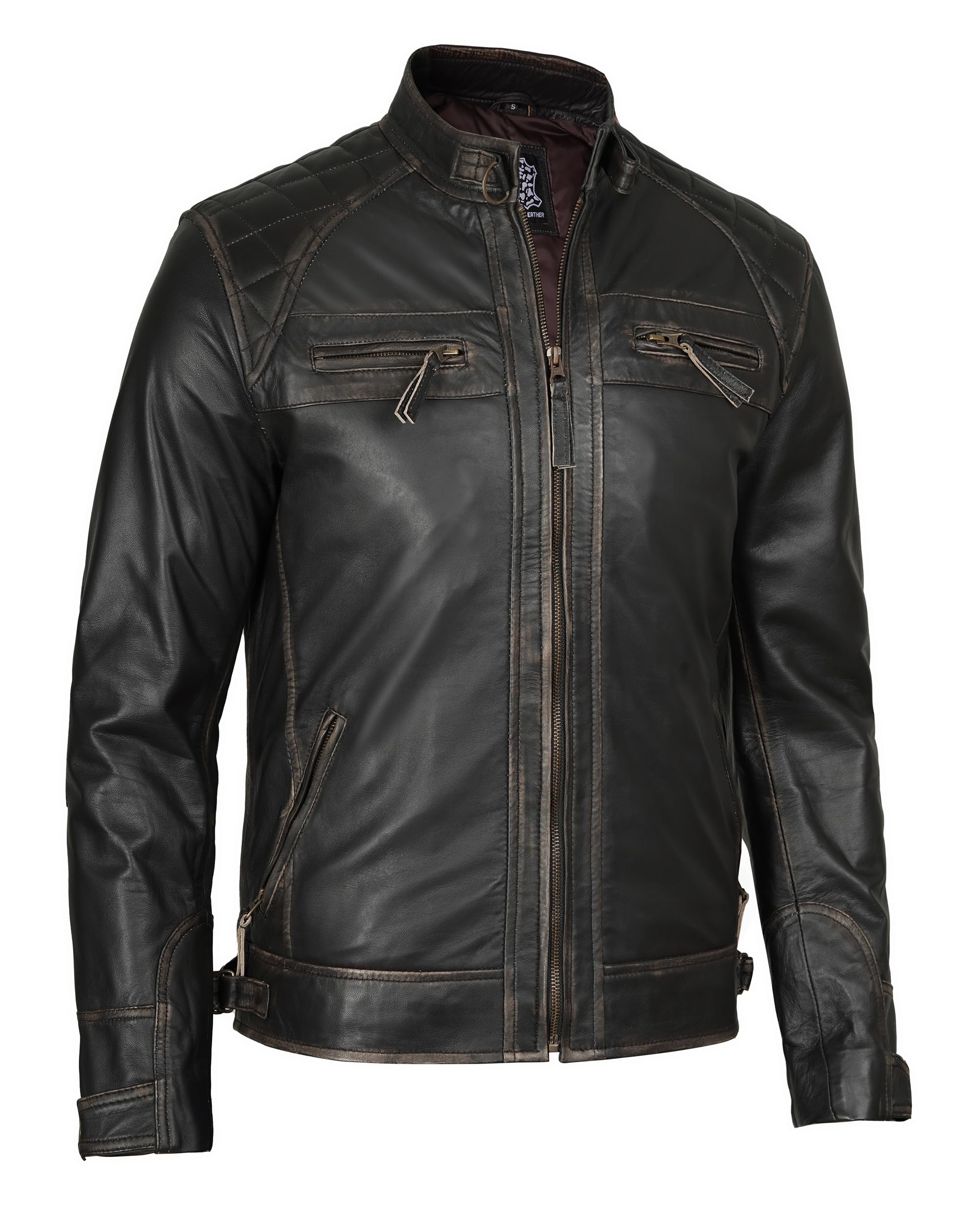 Decrum Leather Jacket Men - Cafe Racer Style Real Lambskin Leather Jackets For Men, Diamond 1 Distressed Brown, Large - Image 5