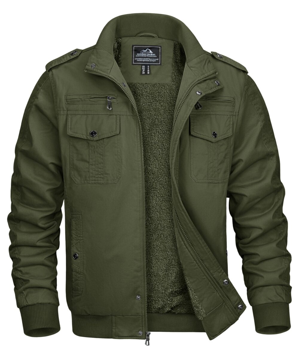 MAGCOMSEN Winter Jackets For Men Fleece Lined Coat Cotton Thermal Jacket Trucker Field Hiking Jackets Canvas Work Jacket, Army Green, Medium