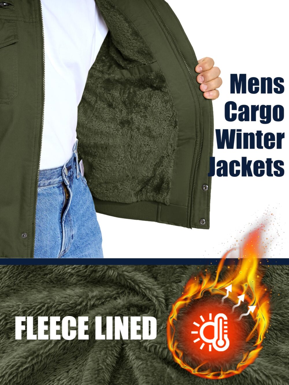 MAGCOMSEN Winter Jackets For Men Fleece Lined Coat Cotton Thermal Jacket Trucker Field Hiking Jackets Canvas Work Jacket, Army Green, Medium - Image 4