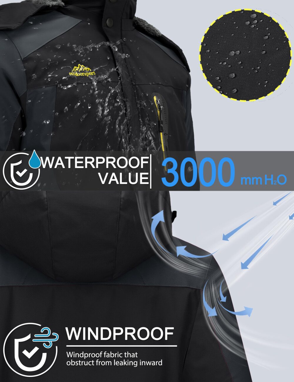 TACVASEN Men's Winter Ski Jacket Waterproof Snow Coats Snowboard Fleece Lining Jacket Warm Parka with Hooded, Black Gray, X-Large - Image 6