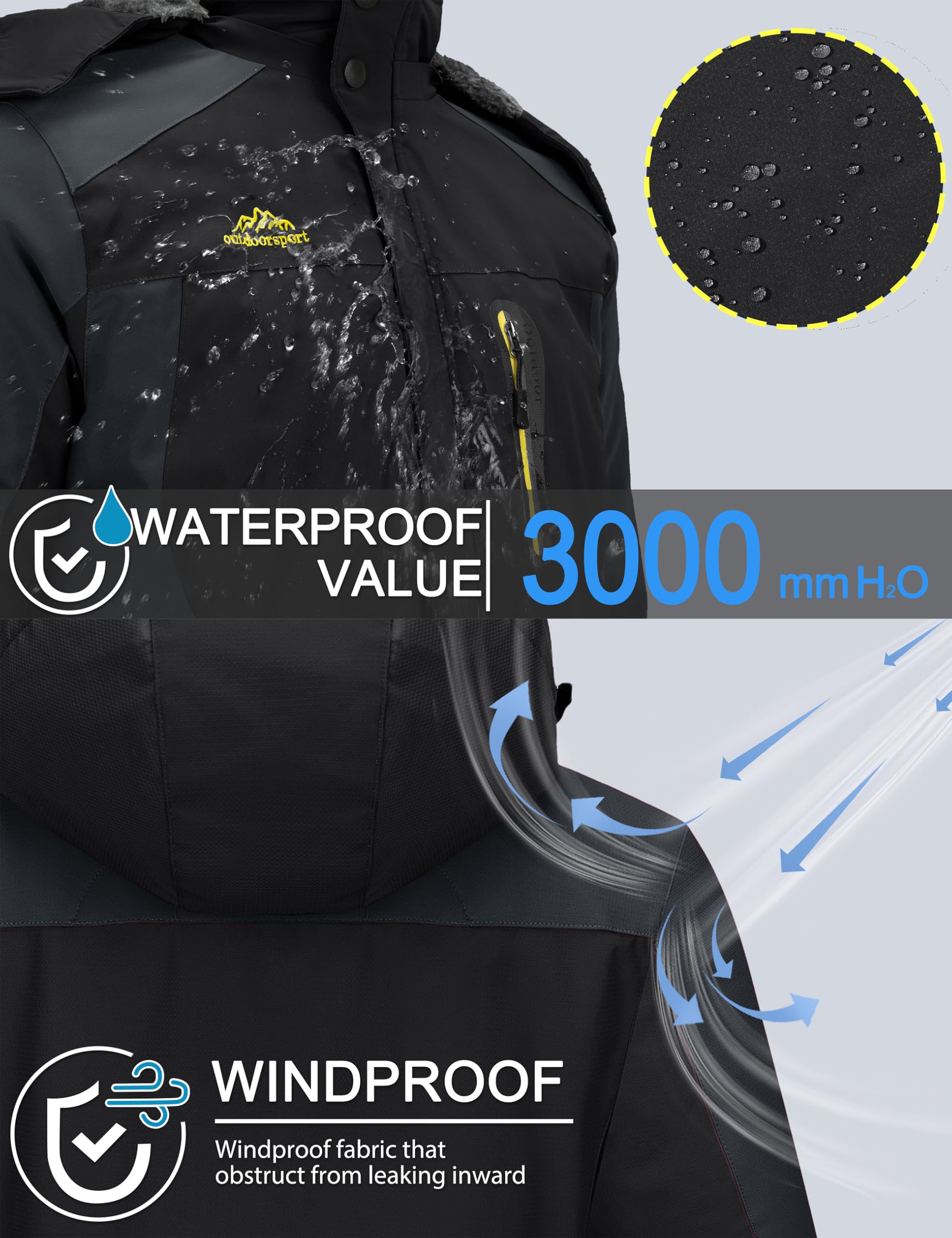 TACVASEN Men's Winter Ski Jacket Waterproof Snow Coats Snowboard Fleece Lining Jacket Warm Parka with Hooded, Black Gray, X-Large - Image 6