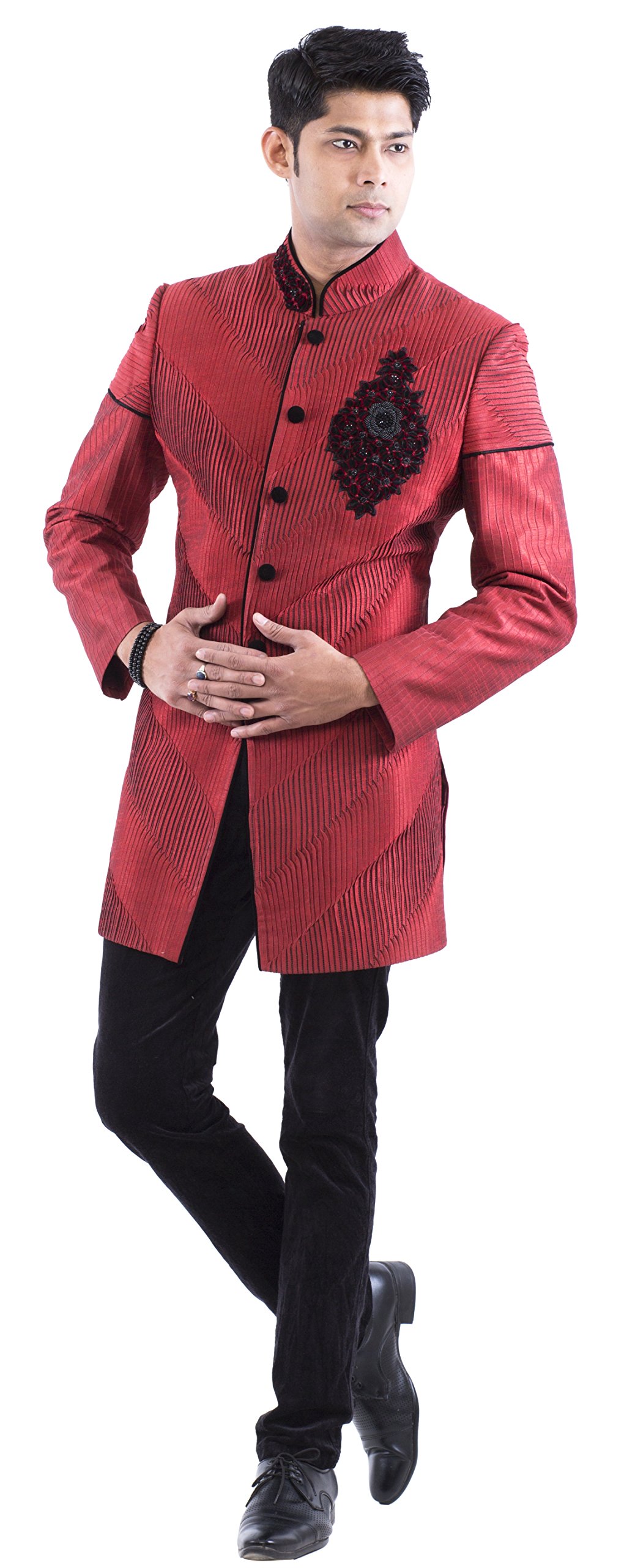 RAJ DESIGN STUDIO Men's Indo-western raw silk Dupion H/emb Brooch with Polo Pant