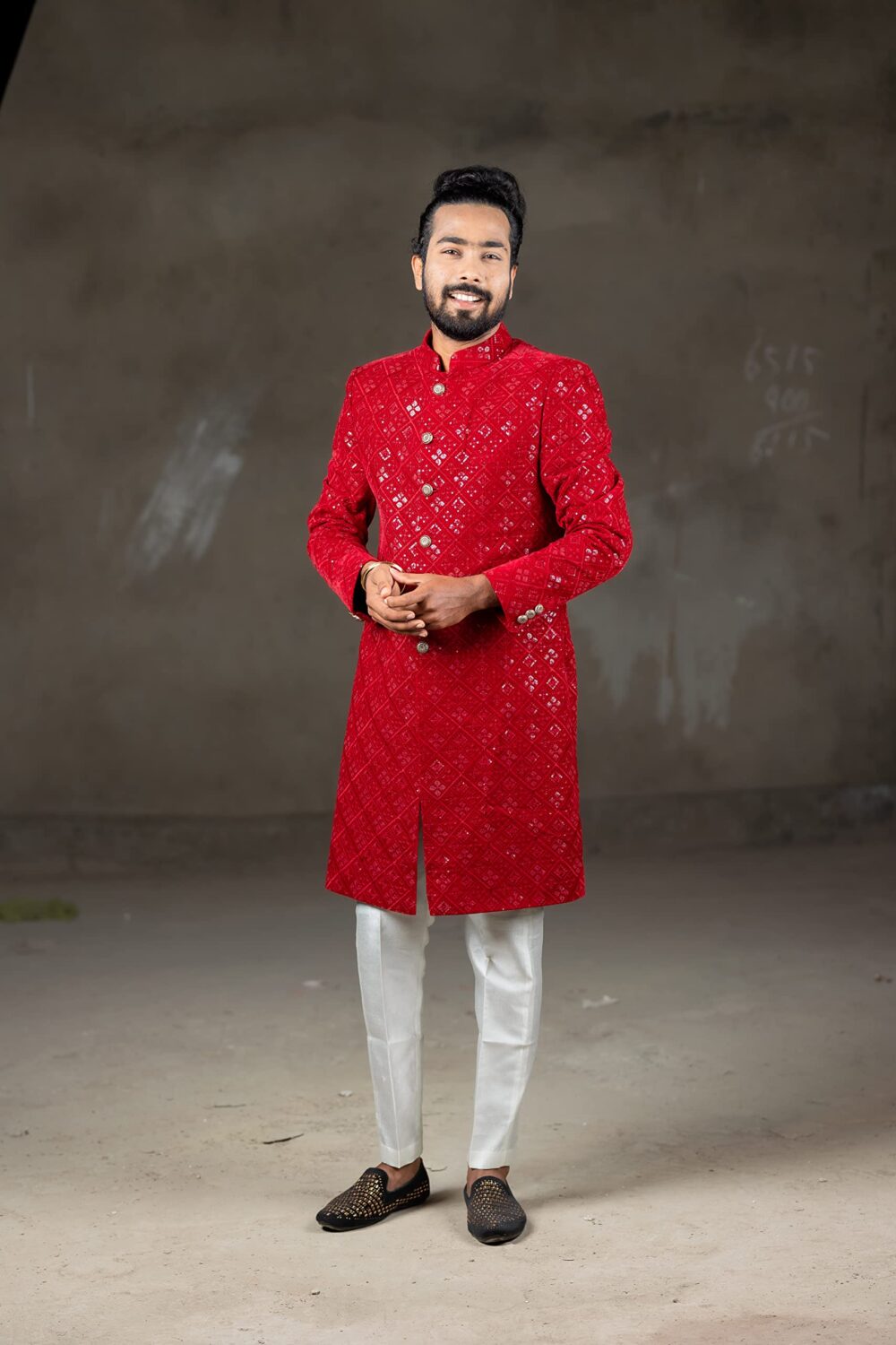 RED INDO WESTERN SHERWANI & WHITE STRAIGHT CUT PANT (Small) - Image 3