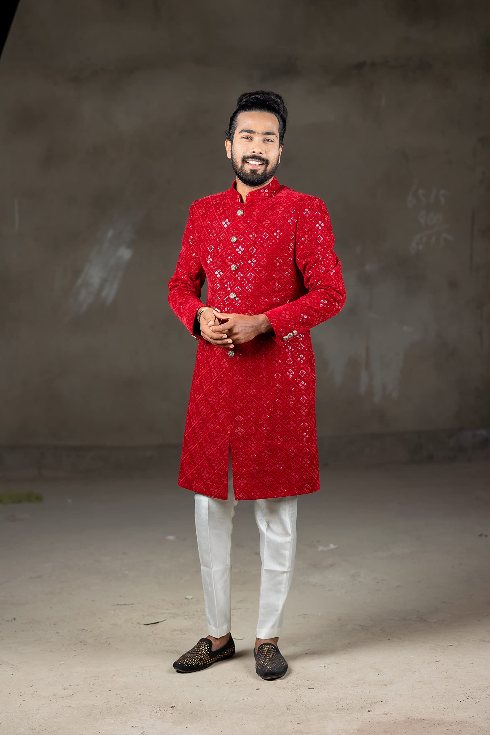 RED INDO WESTERN SHERWANI & WHITE STRAIGHT CUT PANT (Small) - Image 3