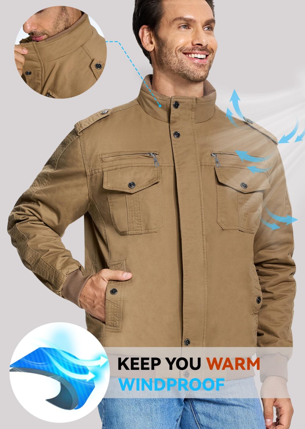 Winter Field Military Fashion Cargo Bomber Jacket for Men - Brown - Image 5
