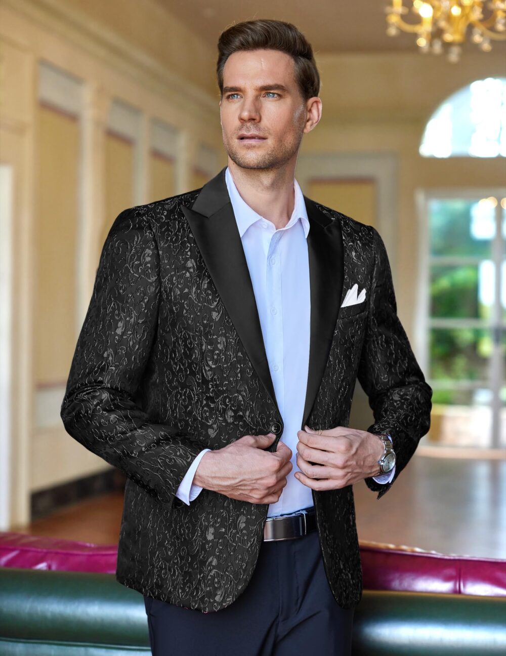 Coofandy Men's Floral Party Dress Suit Stylish Dinner Jacket Wedding Blazer One Button Tuxdeo Black US M - Image 5