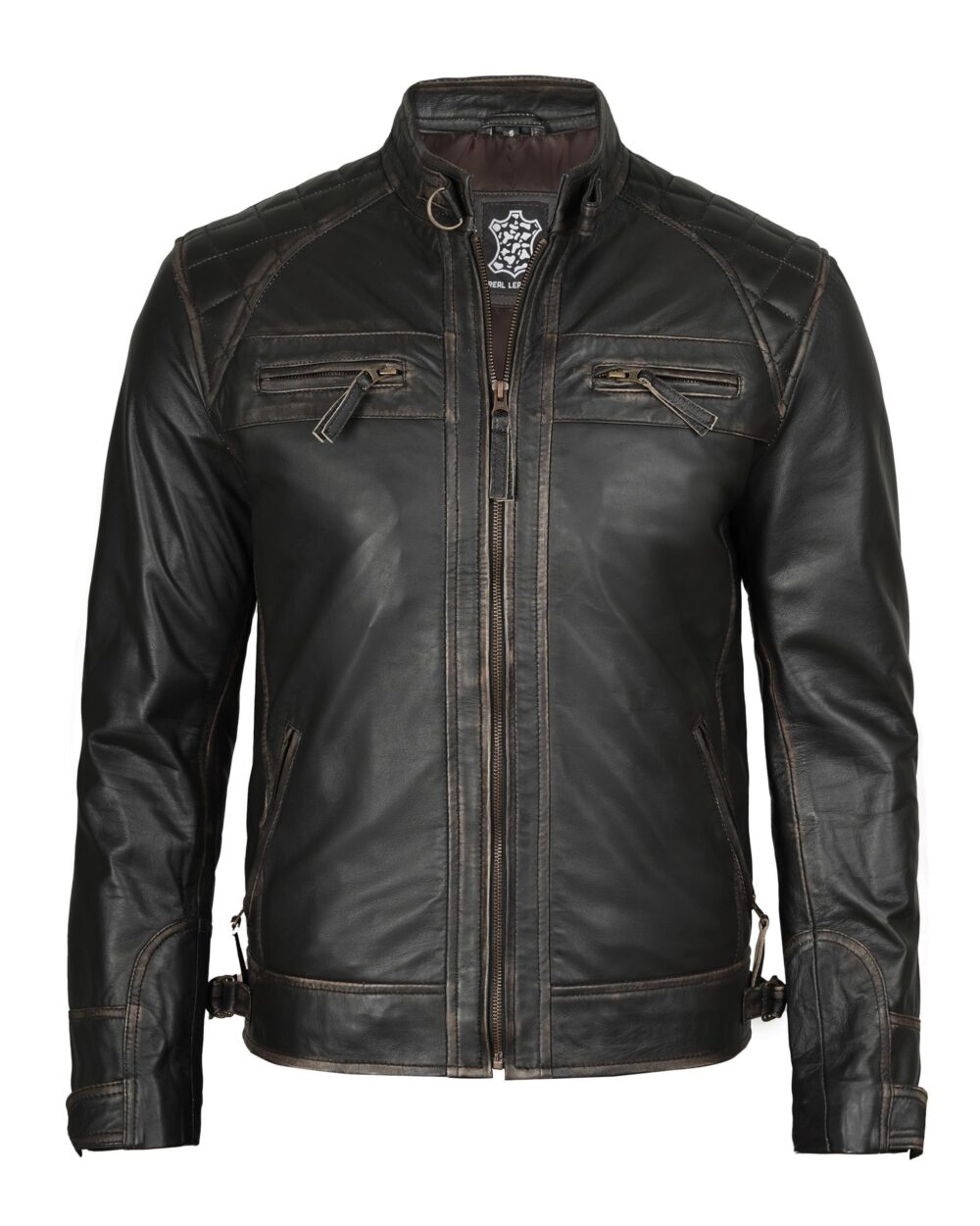 Decrum Leather Jacket Men - Cafe Racer Style Real Lambskin Leather Jackets For Men, Diamond 1 Distressed Brown, Large - Image 4