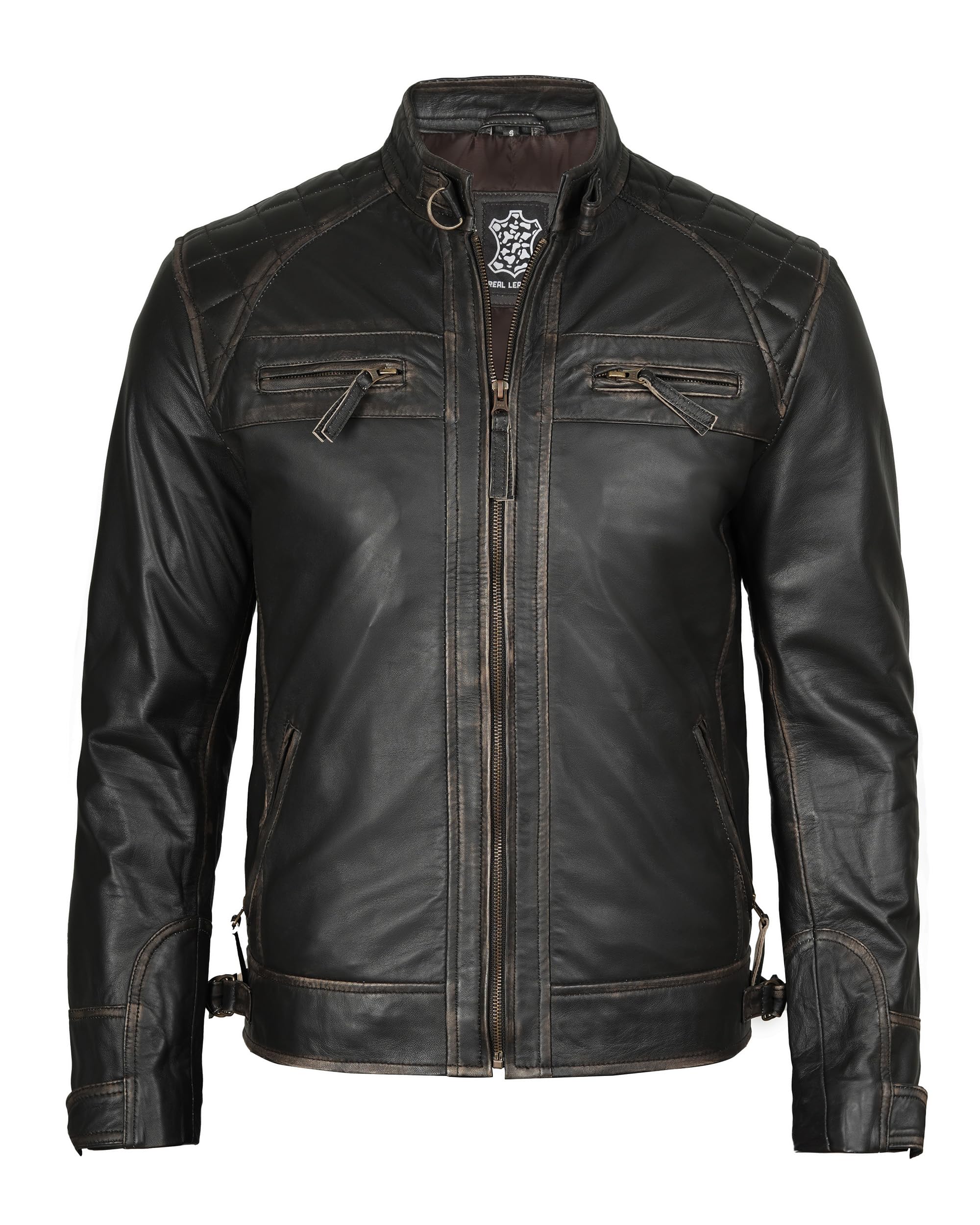 Decrum Leather Jacket Men - Cafe Racer Style Real Lambskin Leather Jackets For Men, Diamond 1 Distressed Brown, Large - Image 4