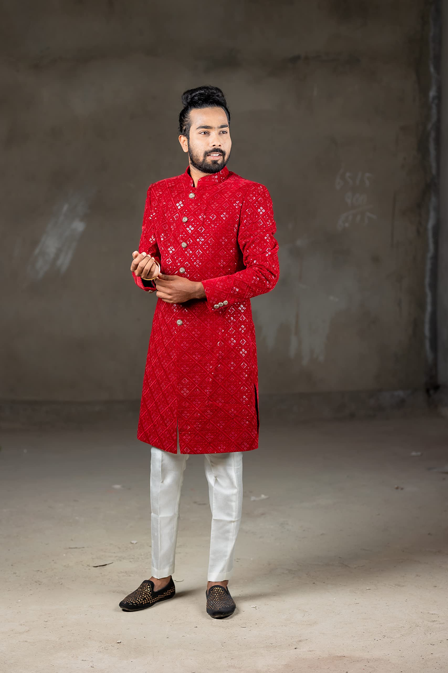 RED INDO WESTERN SHERWANI & WHITE STRAIGHT CUT PANT (Small) - Image 4