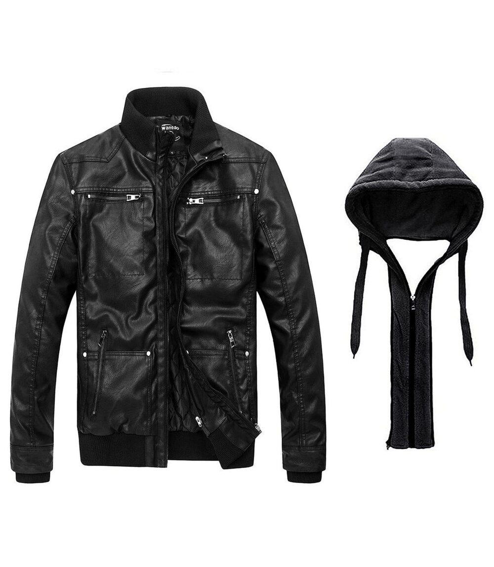 wantdo Men's Faux Leather Jacket with Removable Hood Motorcycle Jacket Casual Warm Winter Coat, Pure Black(thick), Medium - Image 7